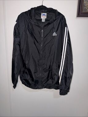 adidas Black Hooded Windbreaker with White Stripes